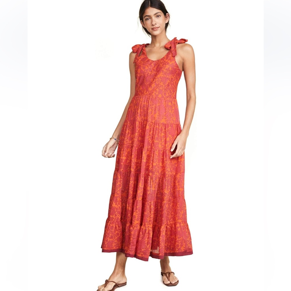 Free People Tiered Maxi Dress Sleeveless Sz S Tangerine Print Kika READ